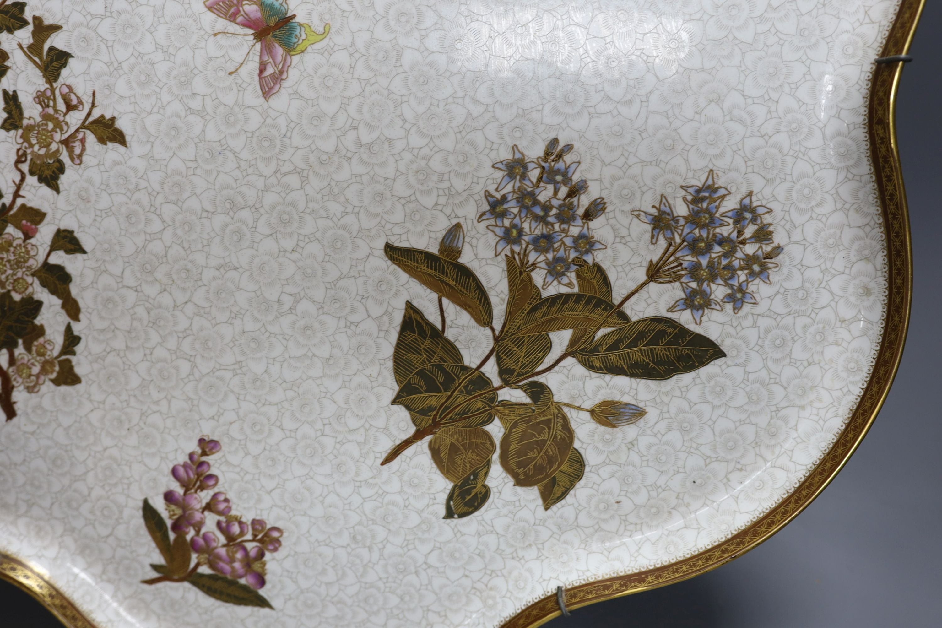 A Royal Worcester Aesthetic period shaped tray, decorated with butterflies and flowers. 50cm